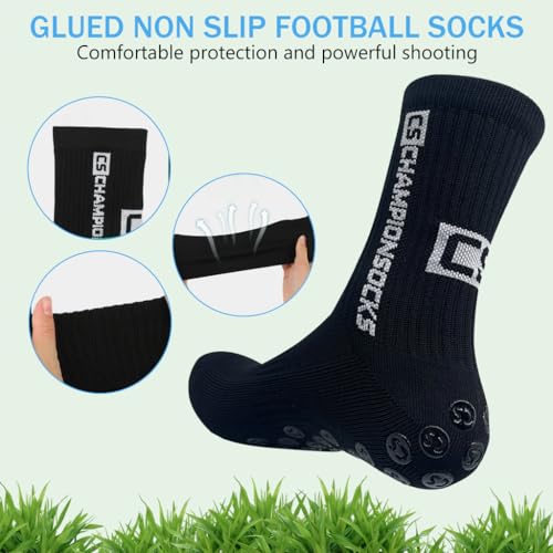 Proberos® Men Down Anti-Slip Sport Sock Football Socks for Adult Young Calf Length Grip Stockings with Pad Technology Black 2PCS