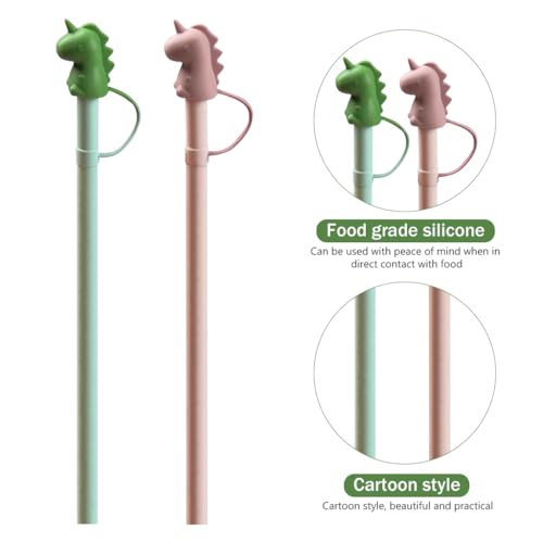 HASTHIP® 6PCS Silicone Straw with Cleaning Brush 12 inches Colorful Straws for Water Bottle BPA Free Reusable Kids with Cartoon Dino Cap