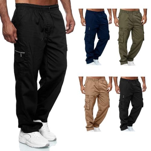 GUSTAVE Cargo Pants for Men - Polyester Casual Baggy Pants - Elastic Adjustable Waistline Fashion Summer Lightweight Loose Men'S Trousers Sport - Cargo Trousers for Men With Multi Pockets - L Black