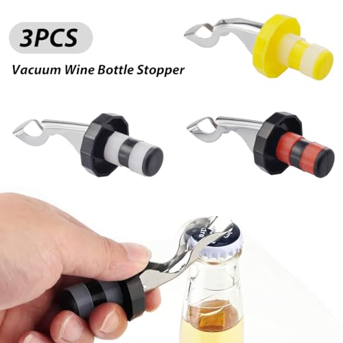HASTHIP 3Pcs Reusable Wine Stoppers, Silicone Vacuum Wine 2-IN-1 Bottle Stopper Bottle Opener Wine Bottle Pourer Wine Preserver Bottle Saver, Wine Airtight Seal Corks Keep Fresh Fits Most Wine Bottle