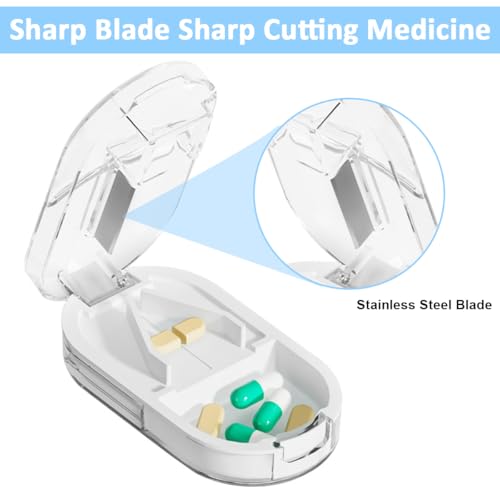 HANNEA® Pill Cutter Portable Splitter 2-in-1 Case with Stainless Steel Blade Cuts Storage Box for Small Large Vitamins Tablets Mini Organizer Compartment White 2PCS