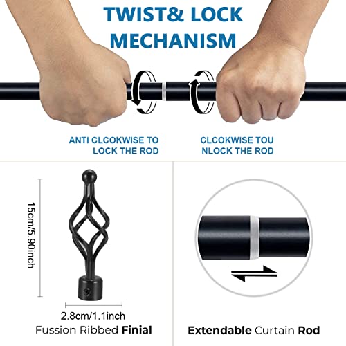 HASTHIP 40 to 79 inch Metal Curtain Rod for Windows, Adjustable Shower Curtain Rods for Door & Window, Extendable Heavy Duty Iron Telescopic Drapery Pole with Swirl Finials (28mm Diameter, Black)