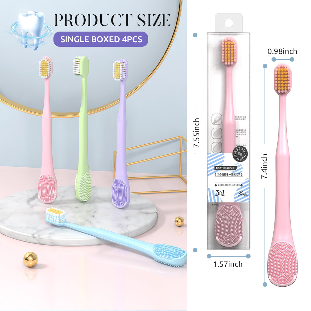HANNEA Soft Bristle Adult Teethbrushes 3 In 1 Toothbrush Dental Brush with Double Sided Tongue Scraper Soft Rubber Gum Massager, Pack of 4