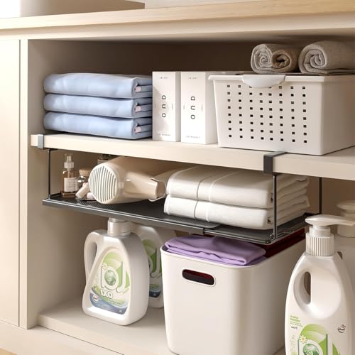 HASTHIP® Retractable Under Cabinet Shelf Seasoning Jars Metal Storage Slide Hanging Space Saving Kitchen Organizer Plates Rack 3PCS