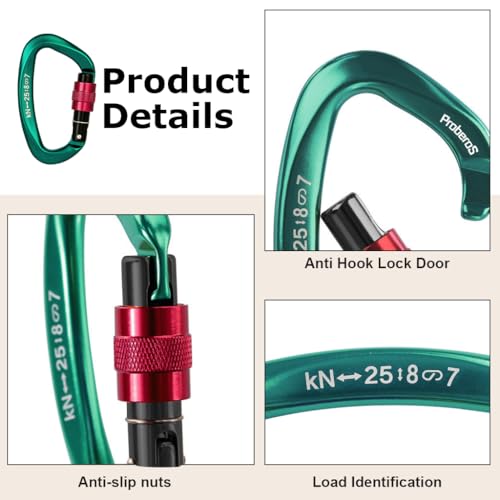 Proberos® Climbing Carabiner Snap Hook D-Shape Screwgate Locking 25KN Heavy Duty Aviation Aluminum for Various Activities 10 x 5.8 cm 3PCS