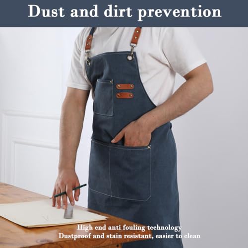 HASTHIP® Canvas Work Apron for Men Women Dark Blue Adjustable Tie-Back Multiple Front Pockets Metal Eyelets Heavy Duty Kitchen Barista Woodwork Workshop Stain Tear Resistant 2PCS