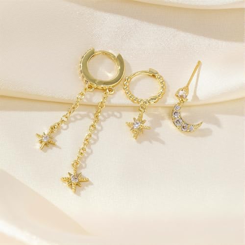 SANNIDHI® 3 Pairs Earrings Set for Women Gold Stud Hoop Moon Star Combo Multiple Piercing 3PCS