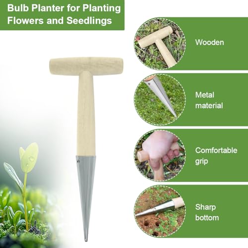 HASTHIP® T-Handle Dibber 10'' Wooden Handle Dibber, Metal Tipped Seed Planter Garden Hole Punch Tool Seedling Hole Maker