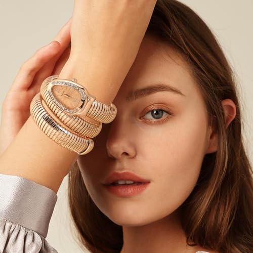 SANNIDHI® Serpentine Wrap Wristwatch for Women Bracelet Stainless Steel Coiled Bangle Rose Golden Rhinestone Embellishment Quartz Watch Jewelry Gift 3 PCS