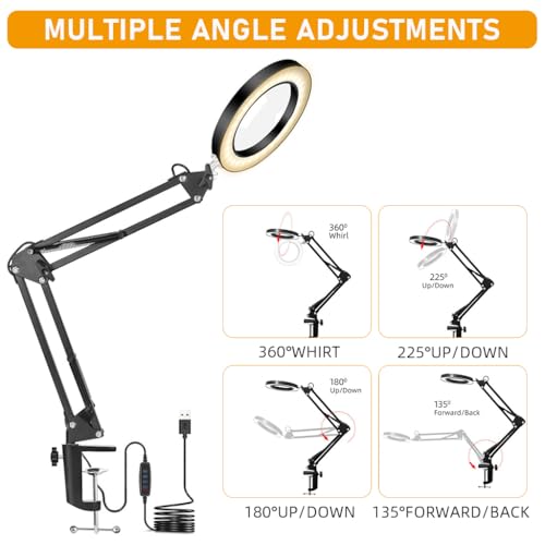 HASTHIP® Desk LED Magnifier with Flexible Arm USB 3-Color Modes 10X with Controller Mounted Clip Lamp Magnifying Glass for Repairing Reading DIY Crafting 3 PCS