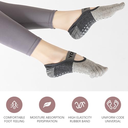 Proberos® Women Classic Cotton Non-Slip Yoga Socks Anti-Skid 5-Toe Grip with Breathable Fabric Elastic Straps Ideal for Pilates Barre Ballet Gym Home Workouts Grey 2PCS