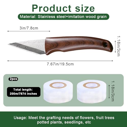 HASTHIP® Grafting Tool & 2 Rolls Grafting Tape-Wooden Handle Stainless Steel Grafting Cutter with Sheath, Portable Gardening Grafting Cutter Grafting Tool for Fruit Trees, Roses, Plants