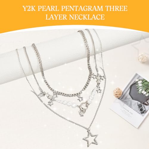 SANNIDHI® Necklace for Women Cute Star Pendant Trio Layered Chain Necklace Pearl Choker Necklace Vintage Y2K Necklace Aesthetic Jewellery Birthday Gift for Girls Sister X 3