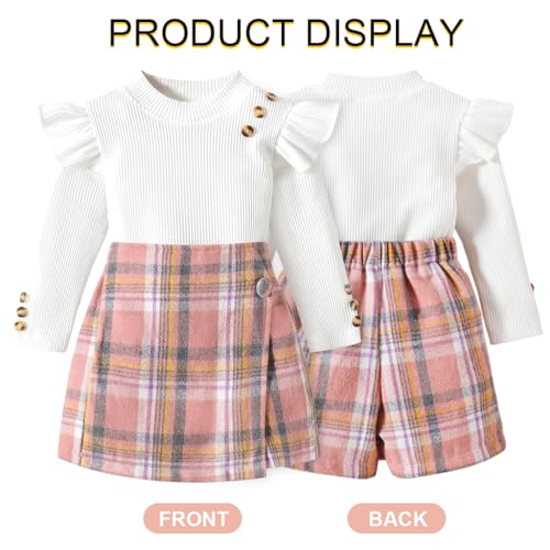 PALAY Baby Toddler Girl Clothes Kit Girls Set of 2Pcs Top and Shorts Long Sleeve Ruffle Shirt Base Top and Plaid Skirt Shorts for Girls 3-4 Years Old, Size 110cm