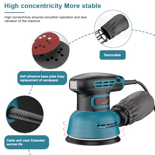 Serplex® 300W Electric Sander Tool with 5pcs Sandpaper Low Vibration 5000-12000RPM Electric Palm Sander 6 Variable Speeds Woodworking Hand Sanders for Sanding and Polishing
