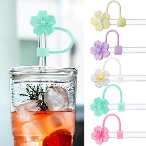 HASTHIP® 15PCS Flower Silicone Straw Caps for Stanley 30 40 Oz Cups Accessories Cherry Blossom Universal 10mm Covers for Glass Straws Dust Proof Water Bottle