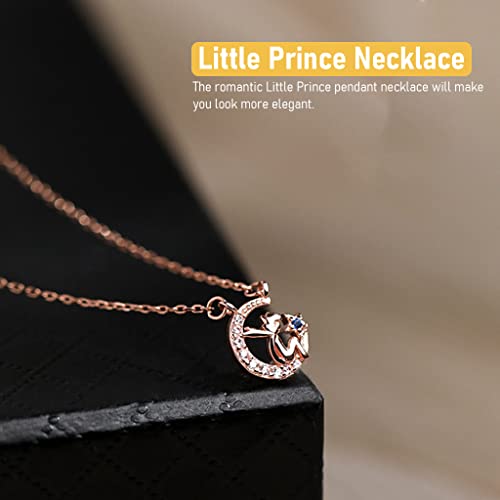 SANNIDHI the Litthe Prince Necklace for Women, Exquisite Inlaid Zircon Le Petit Prince Pendant Necklace for Girls Ladies, Fashion Chain Necklace Jewelry with Gift Box, Rose Gold