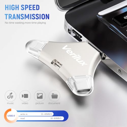 Verilux® Pendrive 64GB 4 in 1 C Type with Lightning Micro USB A Type-C Interface Mini Hangable for iOS Android Compatible iPhone iPad PC Devices 3PCS