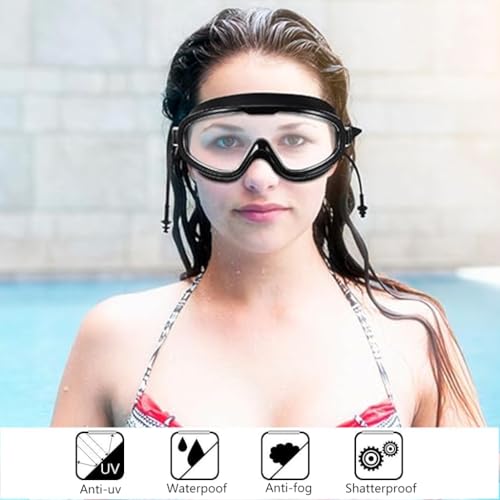 Proberos® Swim Goggles for Adult with Intergrated Ear Plugs Big Frame Competition Professional Swim Goggles Swimming Anti-Fog Diving Goggles for Surfing Kayaking Black X2
