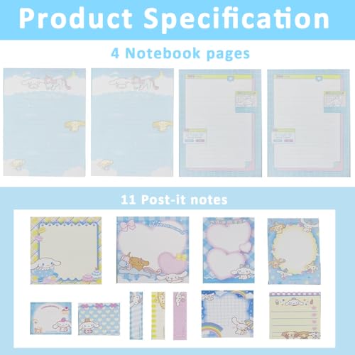 HASTHIP® 330 Sheets Kawaii Sticky Notes Set Cute Cinnamoroll Themed Cartoon with Lined Letter Papers 8 Packs 3 Tabs for Scrapbooking School Office Supplies 660PCS
