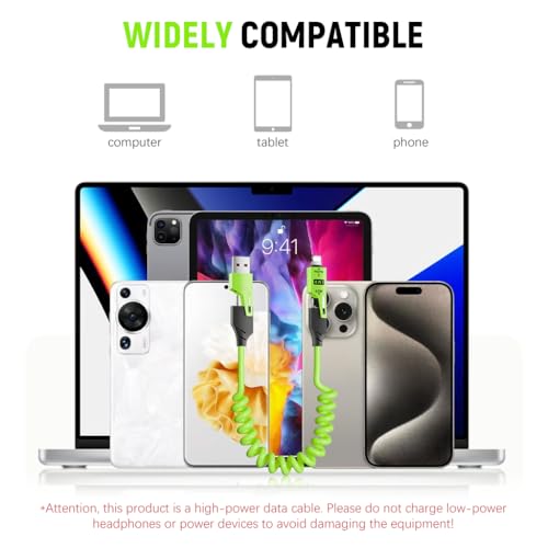 Verilux® 4 in1 Type C Cable with Spring PD65W Fast Charging 480Mbps Data Transfer USB to Multi Adjustable Light-ning Port for iPhone 16 15 Green 2PCS