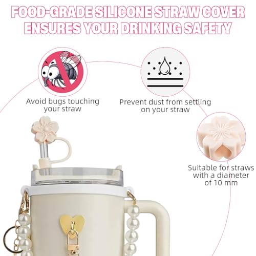 HASTHIP® For Stanley Cup Accessories Charm Kit Set 21PCS Sakura Silicone Straw Cap White Pearl Chain Handle Bottom Sleeve Cup NOT Included
