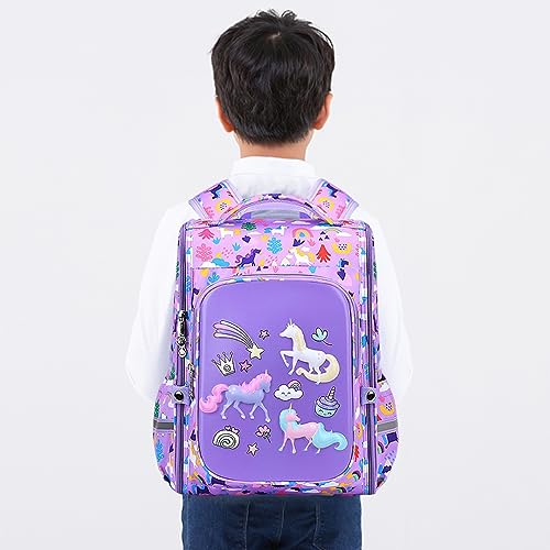 PALAY® Girls School Backpack Unicorn Cartoon Primary Bookbag for Travel Camping Waterproof Burden Relief Gift Kids 5-10 Years Old Purple 2 PCS
