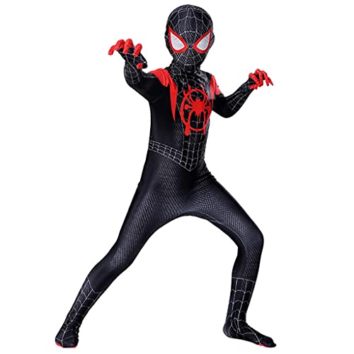 FANCYKU® Spidermen Costume for Kids 3D Lenses Cosplay Black Spider Men Miles Morales Bodysuit Silk Feel Fabric Fancy Dress Boys Gift Halloween Party Size XL 2PCS