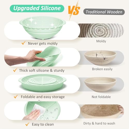 HASTHIP® 9.6-Inch Silicone Bread Basket Round Folding Proofing Food-Grade BPA-Free Non-Stick Baking Supplies for Sourdough Artisan (Green) 3 PCS