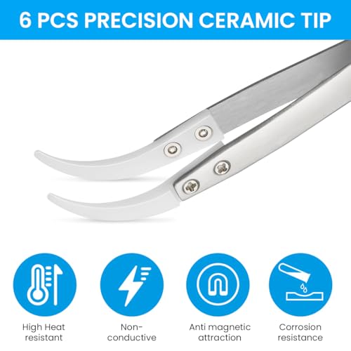 Serplex® 3Pcs Electronics Tweezers Non-Conductive Ceramic Tweezers Stainless Steel Handle Ceramic Tweezers 1200 °C Heat Resistance Design Multi Use Tweezes for PCBs, Electronics, 3D Printing