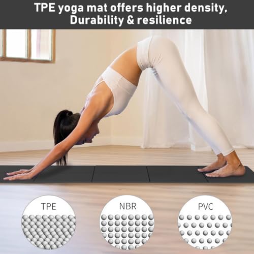 Proberos® Folding Yoga Mat with Carry Bag TPE Yoga Mat Anti-Slip 5mm Thicken Fitness Yoga Mat for Men Women Pilates Mat for Home Workout, Gym, Travel, 72x24 inches, Black