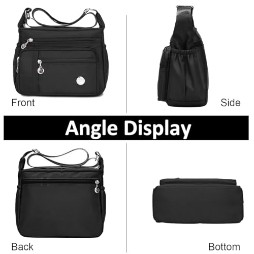 PALAY® Womens Crossbody Bag Nylon Waterproof Multipocket Sling Adjustable Shoulder Strap Black 25x21x10cm 3 PCS