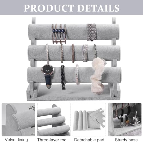 MAYCREATE® Bracelet Holder Organizer 3-Tier Jewelry Display Stand for Watch Bangle Detachable Velvet Desk Storage Showcase Rack Grey 2PCS