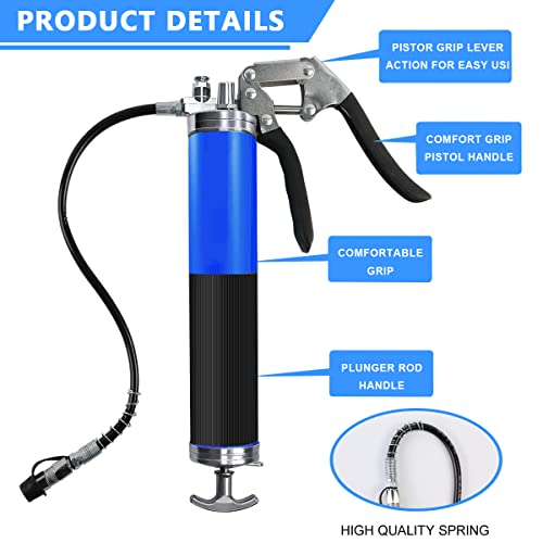 STHIRA® Grease Gun Heavy Duty Pistol Grip with 4 Flexible Hoses High Performance Air Nozzle Mini Reinforced Flex Hose Spring Guard Working Coupler 2 PCS
