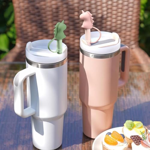 HASTHIP® 6PCS Silicone Straw with Cleaning Brush 12 inches Colorful Straws for Water Bottle BPA Free Reusable Kids with Cartoon Dino Cap