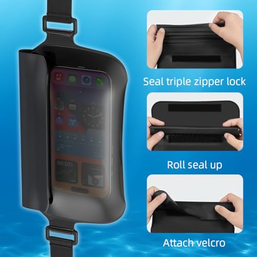 GUSTAVE® Beach Waist Bag Waterproof Touch Screen TPU Phone Double Zip Lock Strips Closure External Hook Loop Pouch Dry for Swimming 25x13cm 3 PCS