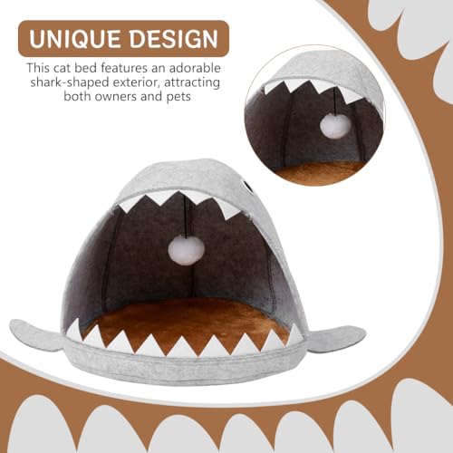 Qpets Cat Bed, Kawaii Cartoon Open Shark Mouth Cat Bed Felt Plush Cat Bed Soft Padded Cat Sleeping Bed Cat Mat Cat Nest with Plush Ball Hanging Toy Washable Cat Game Cave Cat Bed for All Season