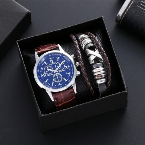 GUSTAVE Wrist Watches for Men And Bracelet Set - Elegant Leather Band Watch & Matching Braided PU Bracelet Father's Day Gift Birthday Gifts for Men, Black Dial and Brown Strap