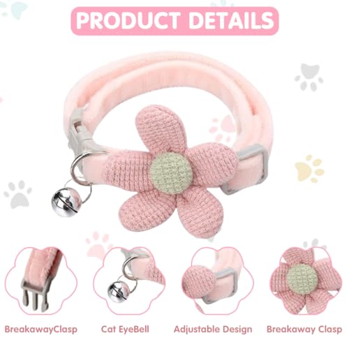 Qpets® Cat Collar Set, Pink & Green Flower Soft Plush Adjustable Collars with Bell, Quick Release, Cute Pet Gift Combo for Cats & Kittens, Ideal, Photos, DIY, Crafting