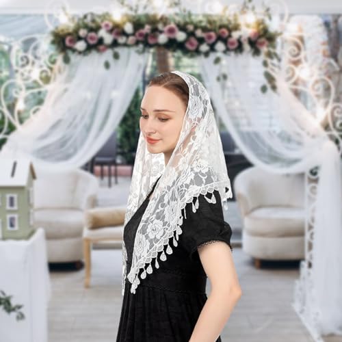 PALAY® Mass Veil for Women Triangle Chapel Mantilla Lace Shawl Embroidery Rose Tassle Scarf Ladies Cathedral Headwear Church Covering White 3 PCS