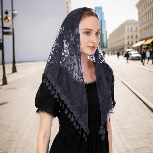 PALAY Lace Mantilla Mass Veil Triangle Head Scarf for Women Tassle Rose Jacquard Church Veil Cathedral Headwear Head Covering for Ladies - Navy Blue