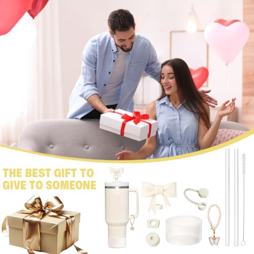 HASTHIP® for Stanley Cup Accessories Charm Kit Set 27PCS Fashion Straw Cute Bow Cap 2 Straight Straws Cleaning Brush Butterfly Handle Bottom Sleeve