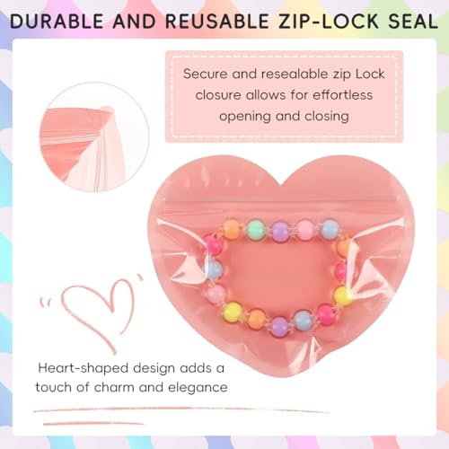 ZIBUYU® 200PCS Ziplock Pouch Small Pink Heart Shape Zip Lock Bag DIY Handmade Jewellery Pouch with Zipper Business Resealable Transparent for Gifts Bracelet Rings Earrings 10X10Cm