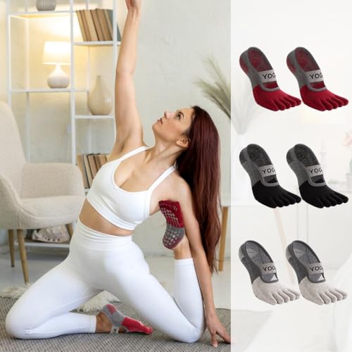 Proberos® 3 Pairs Yoga Socks for Women, Breathable Cotton 5-Toe Socks for Women, Anti Skid Women Socks, Elastic Strap Design for Pilates, Dance, Barre, Home Workout & Barefoot Fitness 3 PCS
