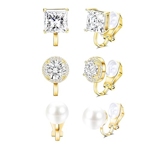 SANNIDHI® 3 Pairs Cubic Zirconia Clip on Earring Women Hypoallergenic Comfortable Non Pierced Stud Earrings for and Dance Competitions, Clip-on Earrings Silver Gold