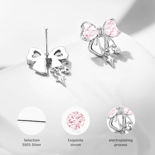 SANNIDHI® 3 Pairs Earrings Set for Women Girls Stylish Silver Hypoallergenic Pink Rhinestone Bow Stud Stainless Steel Cartilage Combo Multiple Piercing 2 PCS