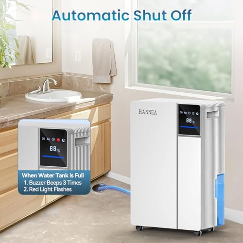 HANNEA® Dehumidifier for Home 250W 12L/day Dehumidifier with Drain Hose Up to 350 ft² Coverage Ideal for Basement Bedroom Bathroom Intelligent Humidity Control Auto Defrost, 24H Timer