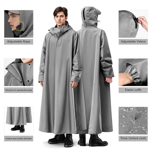 PALAY® Long Rain Coat Waterproof for Adults Reusable Hooded Poncho with Wide Brim Lightweight Unisex for Hiking Travel Motorcycle Riding Length 126cm 2 PCS
