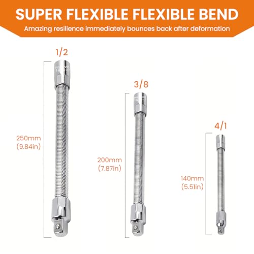 Serplex 3Pcs Electric Wrench Sleeve Universal Extension Rod, Bendable Flexible Socket Extension Bar Shaft Set Wrench Extender For Power