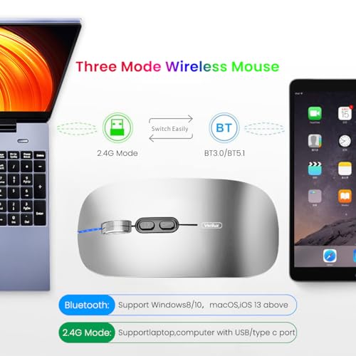Verilux® Wireless Mouse Rechargeable Battery Level Visible 3 Modes 2.4G 3.0BT 5.0BT Bluetooth for Laptop 1600DPI Ergonomic Silent Mac PC iPad Sliver 3PCS